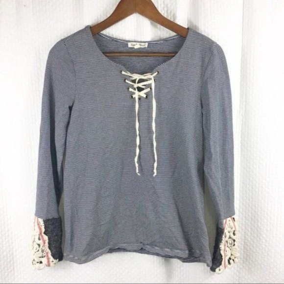 Hem & Thread Pullover Shoelace Tie Pullover Top Black & White Stripe Size Small - Picture 1 of 5